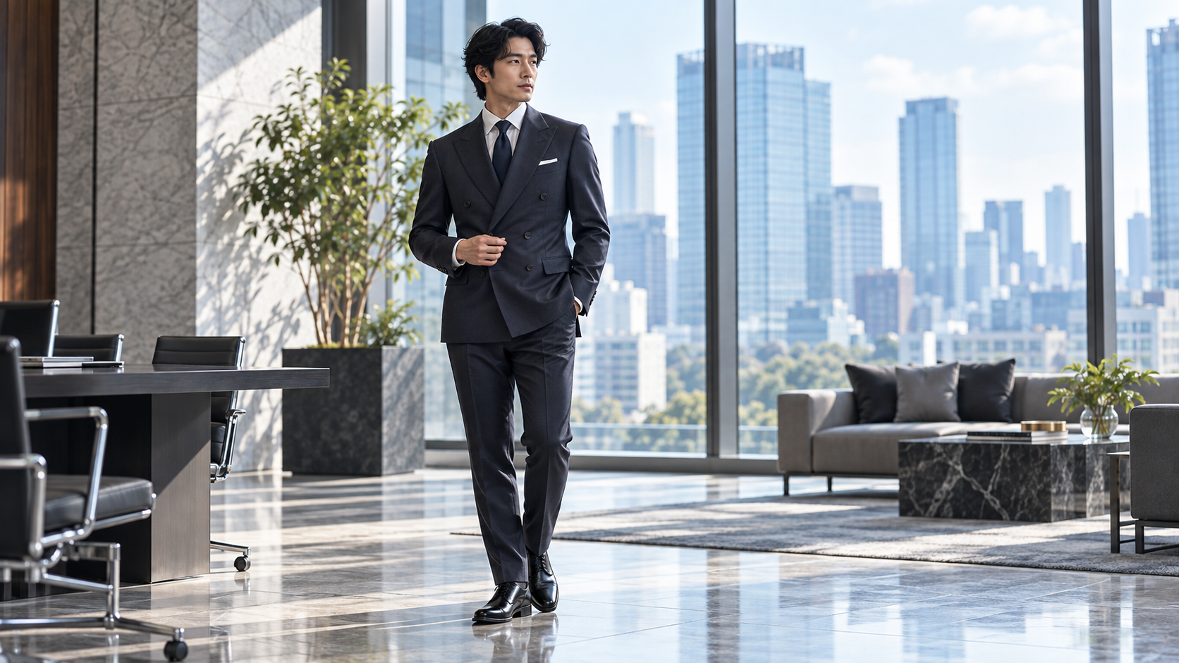 仕事向けのダブルビジネススーツを着こなす男性