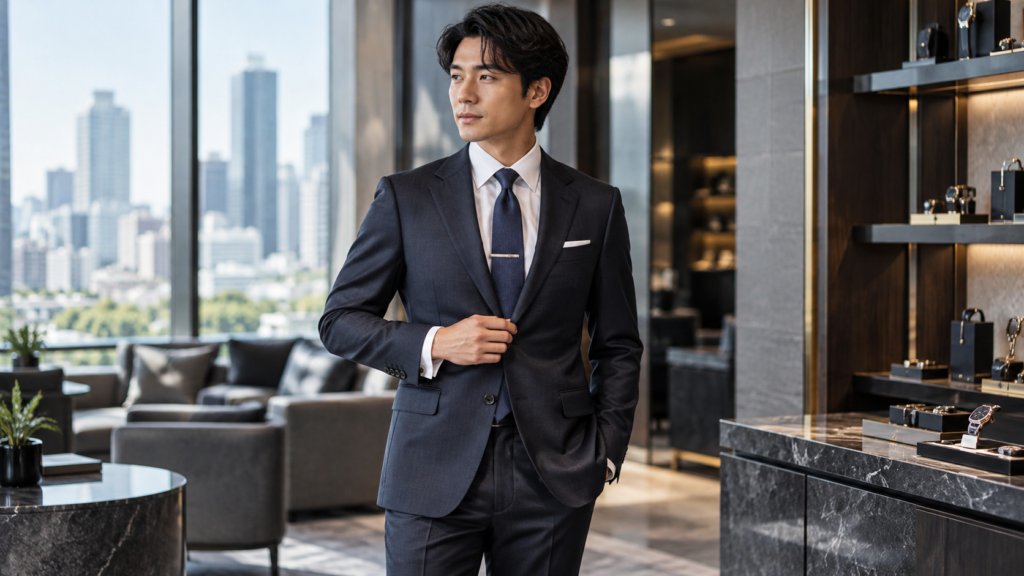 シルバーのネクタイピンとネイビースーツを上品に着こなす日本人男性のビジネススタイル