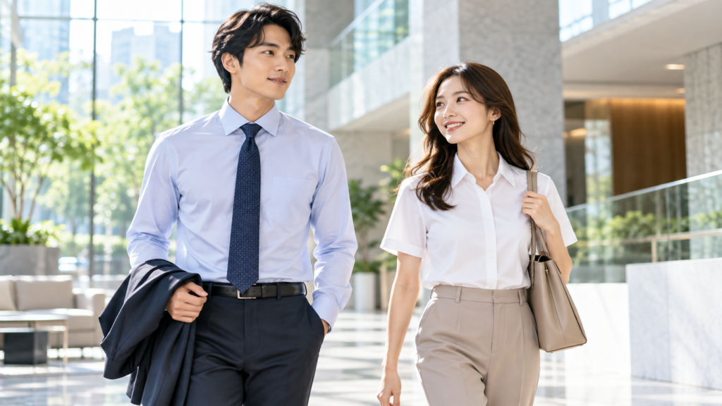 淡いブルーの長袖ワイシャツを着た男性と白い半袖ビジネスシャツを着た女性のオフィススタイル