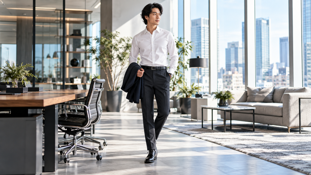 白いビジネスワイシャツと黒のスラックスを着用し、オフィスに立つ日本人男性
