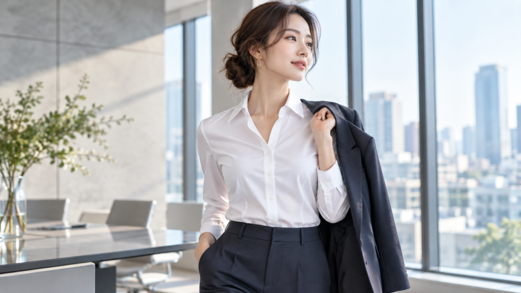 白い長袖ビジネスシャツとネイビーのパンツを着用し、ジャケットを肩に掛けた日本人女性