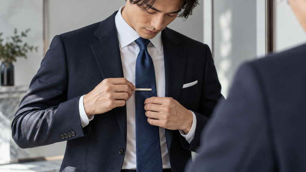 鏡の前でネイビーのネクタイにシルバーのネクタイピンを水平に付ける日本人男性