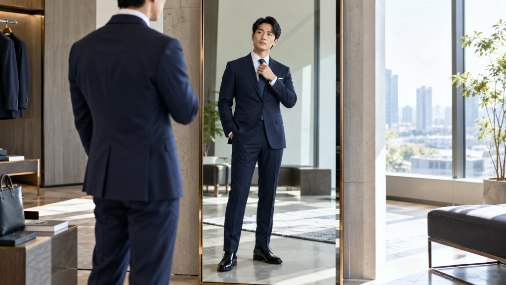 転職面接前に鏡でネクタイとスーツの身だしなみを確認する男性