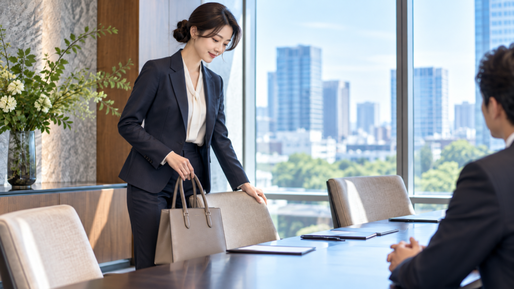商談先の会議室でビジネスバッグを持ち、着席の準備をするスーツ姿の女性