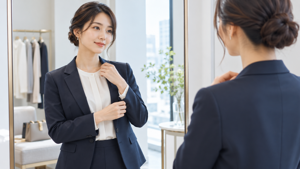 鏡の前でネイビーのビジネスジャケットと白いブラウスの襟元や袖を整える女性