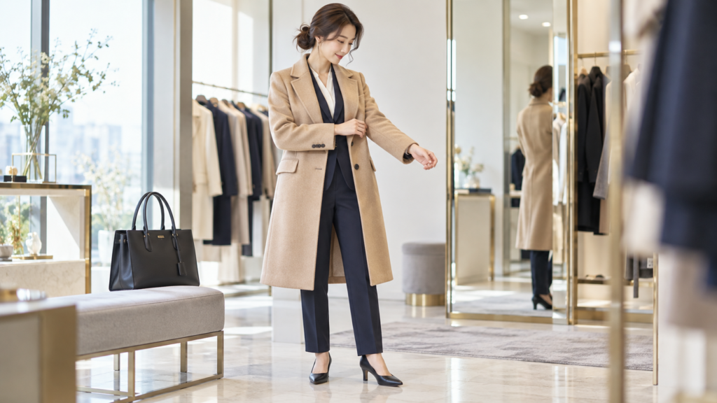 ネイビーのパンツスーツにベージュのコートを重ね、袖丈を確認する女性