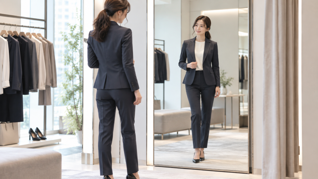 鏡の前でネイビーのレディースパンツスーツを試着し、ジャケットのサイズとシルエットを確認する女性