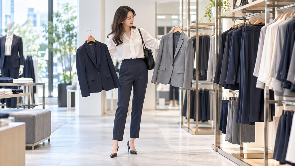 ネイビーとグレーのレディースビジネススーツのジャケットを店頭で比較する女性