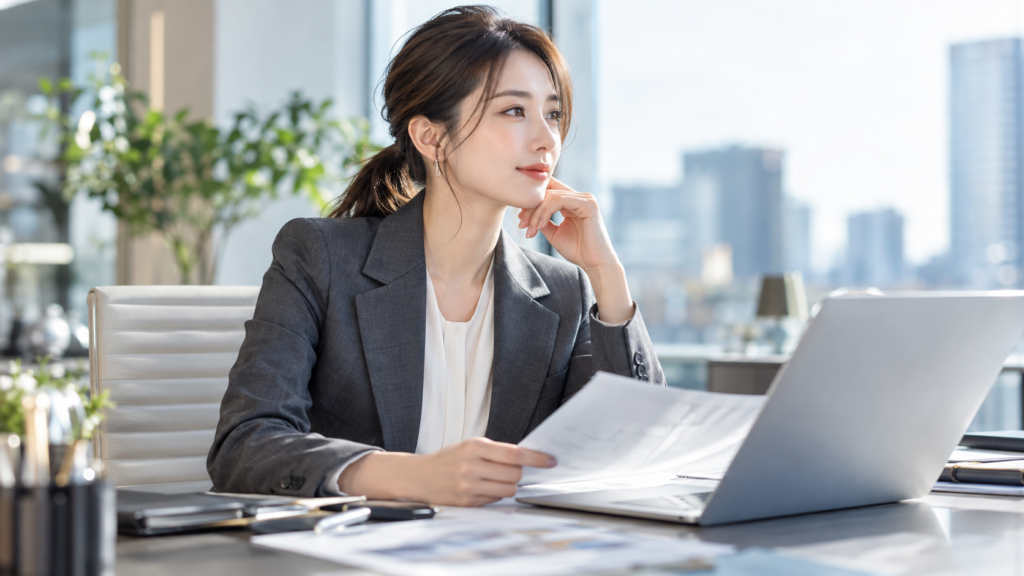グレーのレディースビジネススーツに低めのポニーテールを合わせてデスクワークをする女性