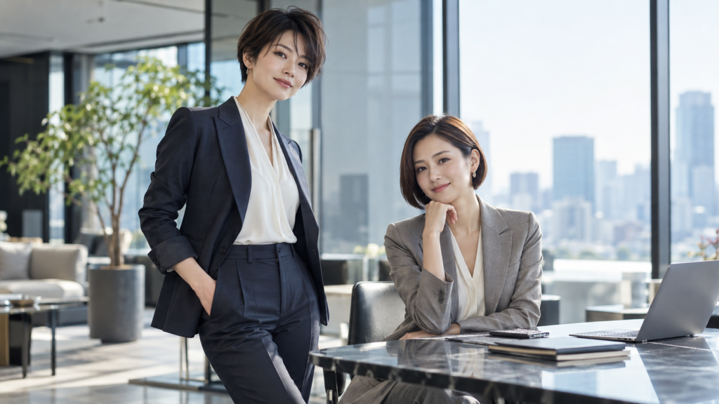 ショートヘアとボブヘアをレディースビジネススーツに合わせた女性2人のオフィススタイル