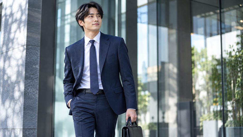 動きやすいネイビーのビジネススーツを着て歩く日本人男性