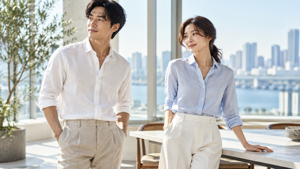白と淡いブルーのリネン風シャツに明るい色のパンツを合わせた男女の夏のビジネスカジュアル