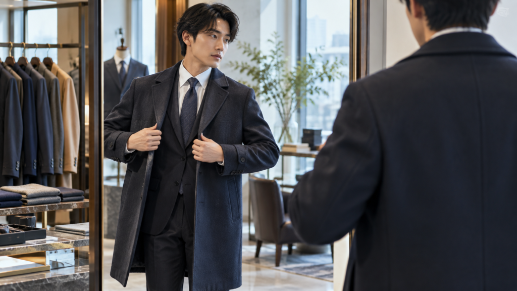 スーツの上からビジネスコートを試着してサイズ感を確認する20代男性