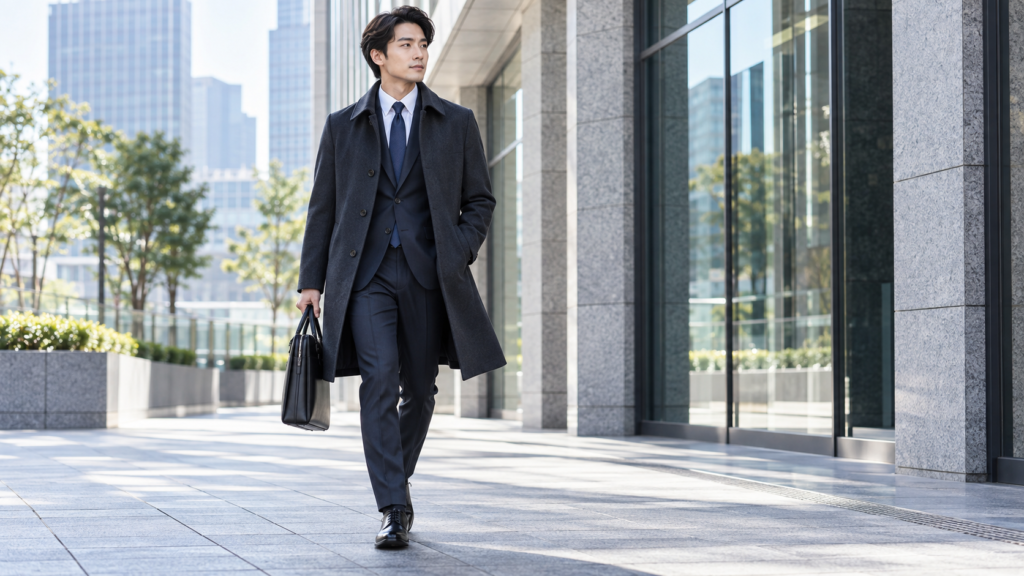 ネイビーのビジネスコートをスーツに重ねて通勤する日本人男性