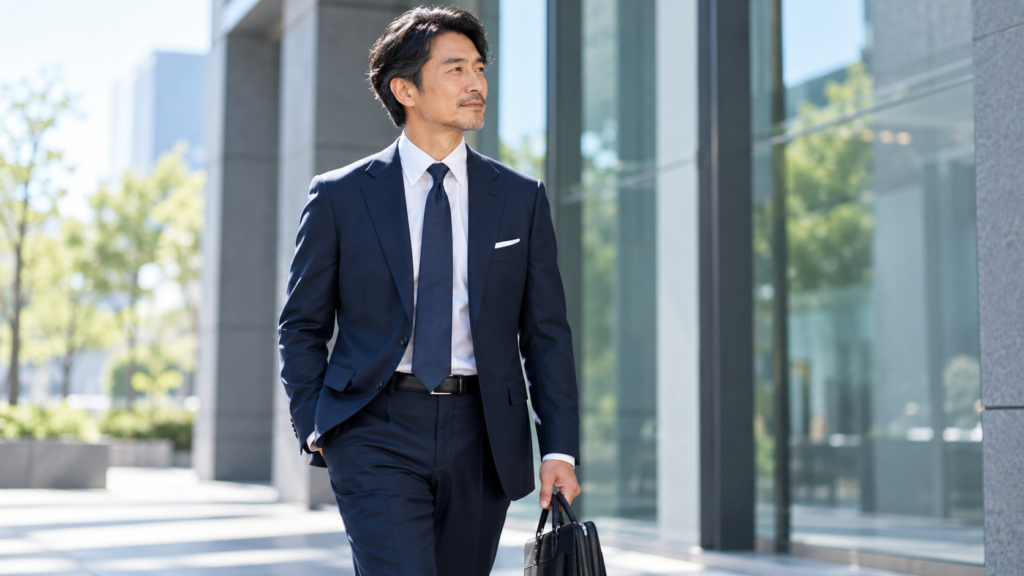 ネイビースーツに黒いブリーフケースを合わせて歩く50代のビジネスマン