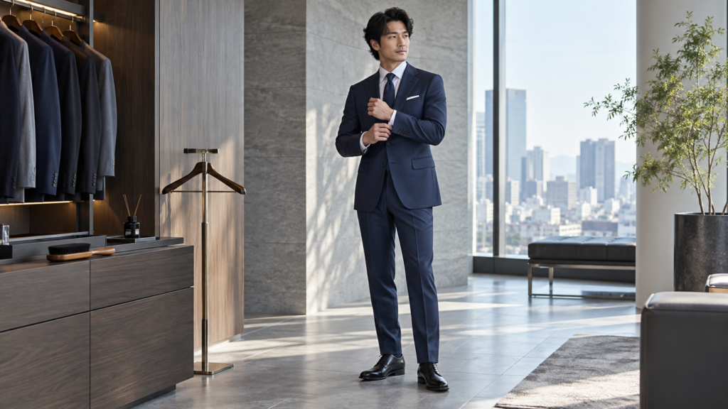 ネイビーのビジネススーツを着た男性が清潔感のある身だしなみを整える様子