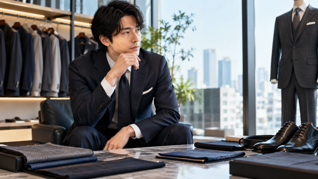 生地見本と革靴を前にオーダースーツを比較する男性