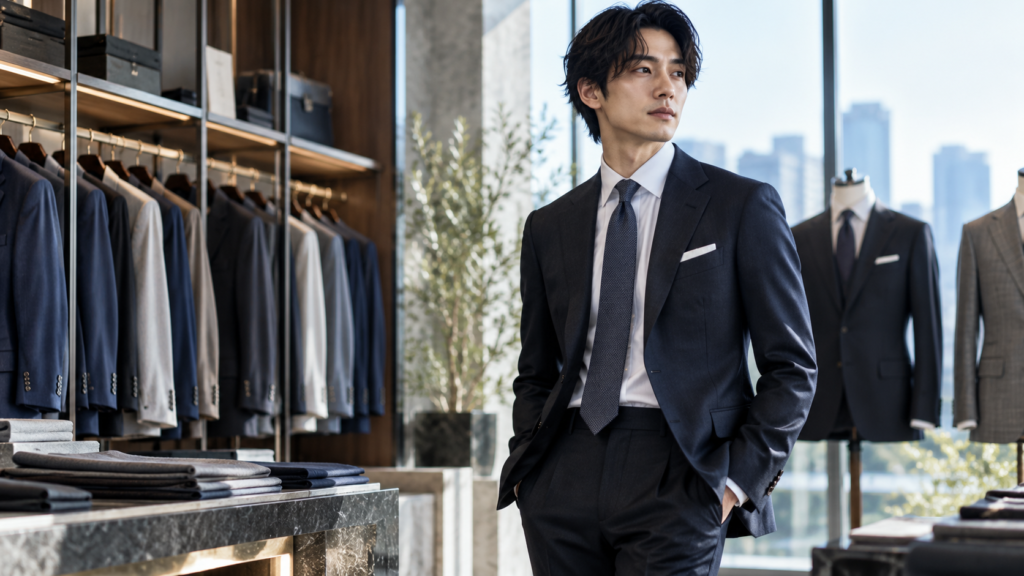 高価格帯のメンズビジネススーツの仕立てとシルエットを比較する男性