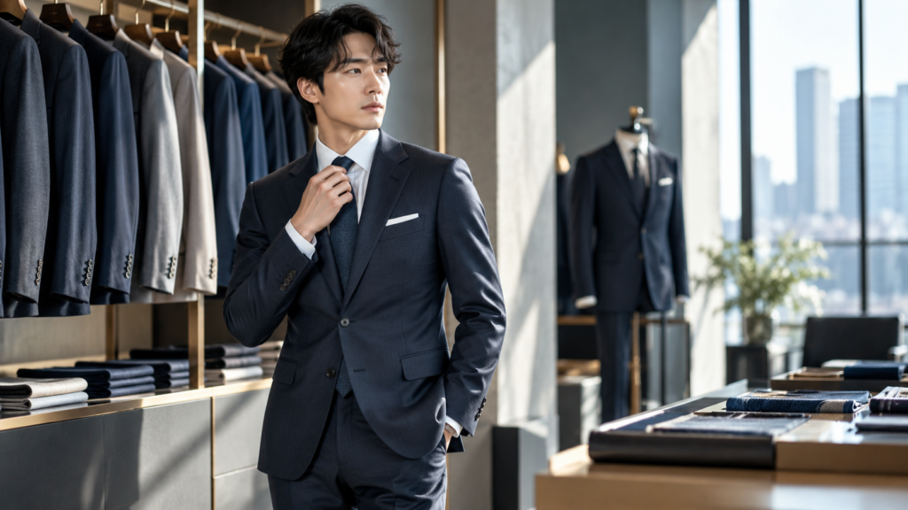 slim-fit-showroom スーツ専門店で細身のビジネススーツのサイズ感を確認する男性