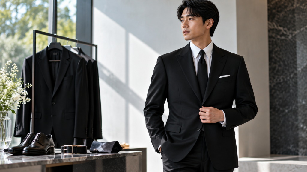黒のフォーマルスーツと革靴やベルトなどメンズ礼服の小物