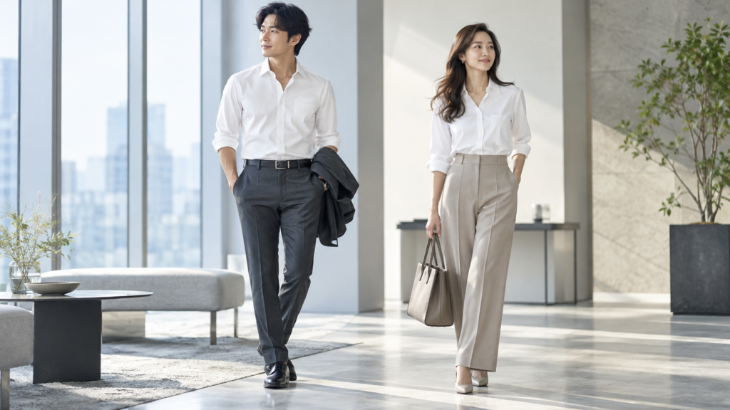 白い長袖ビジネスシャツにグレーとベージュのパンツを合わせた男女のオフィスカジュアルコーディネート