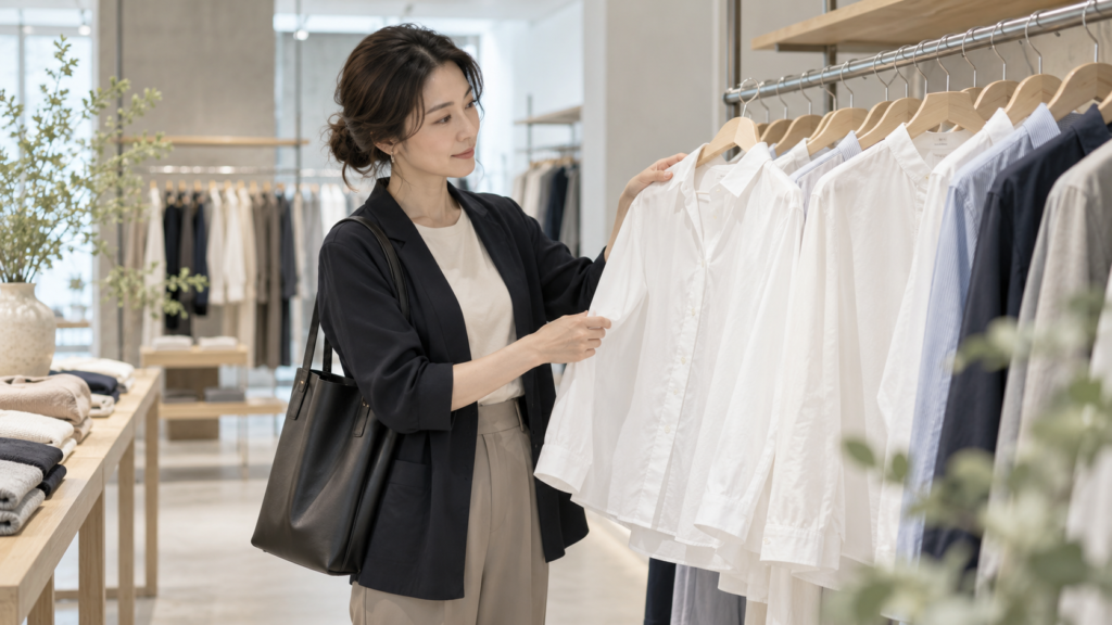 女性が衣料品店で白いビジネスシャツの生地やデザインを確認している様子