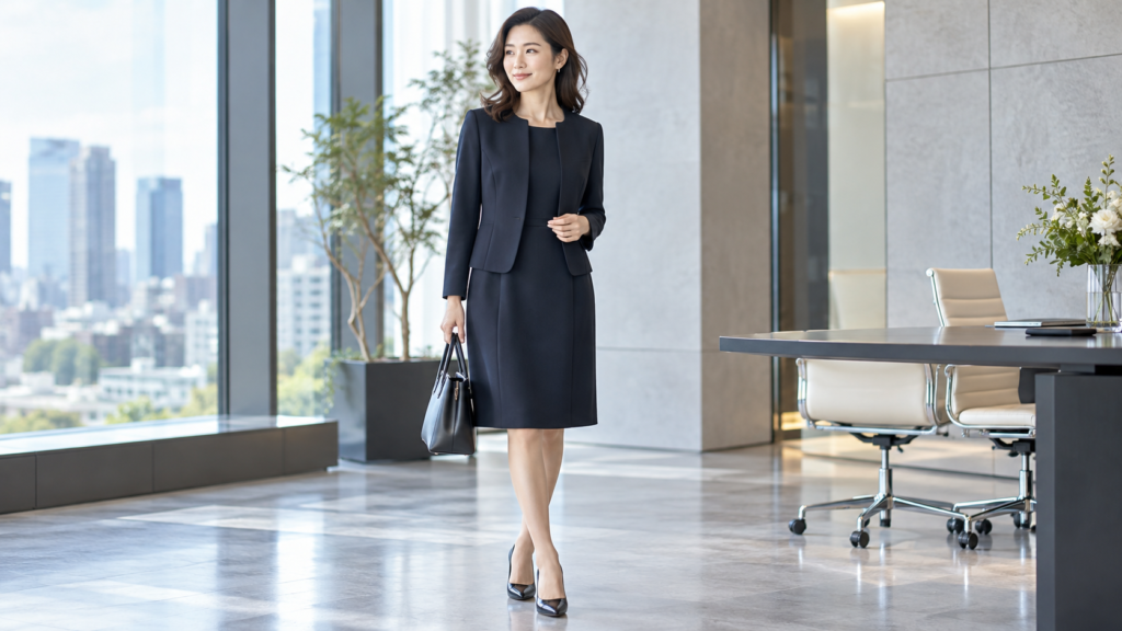 ネイビーのワンピーススーツとノーカラージャケットを着用した女性のビジネススタイル