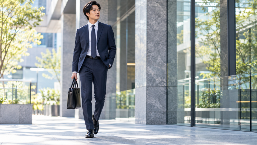 ネイビーのビジネススーツでオフィス街を歩く日本人男性