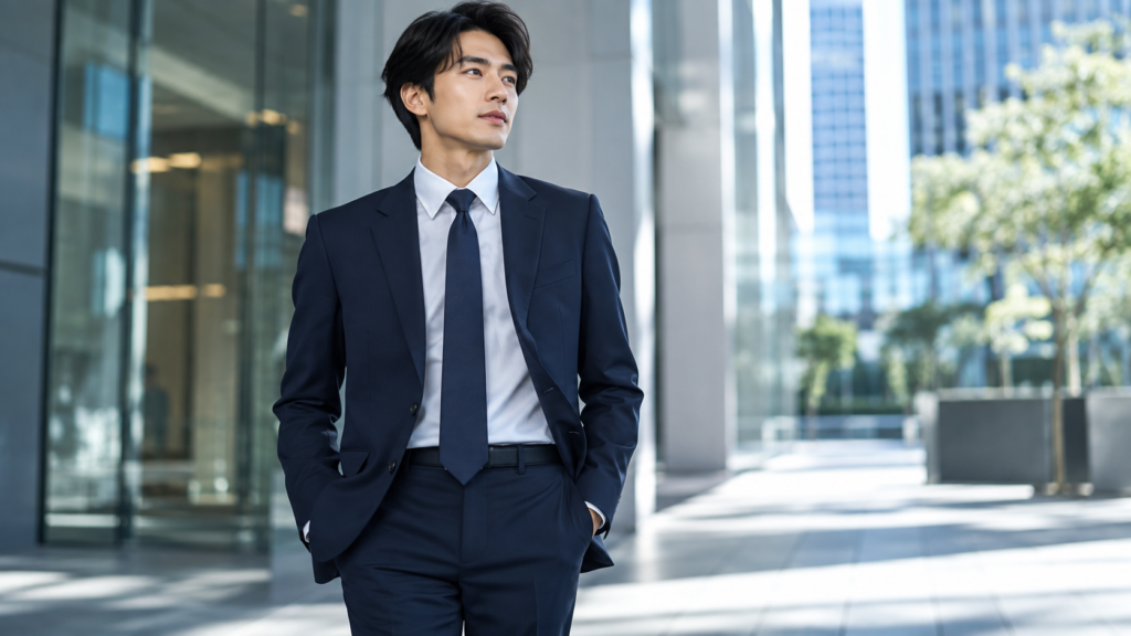 濃紺のビジネススーツと白シャツを合わせた日本人男性の仕事着