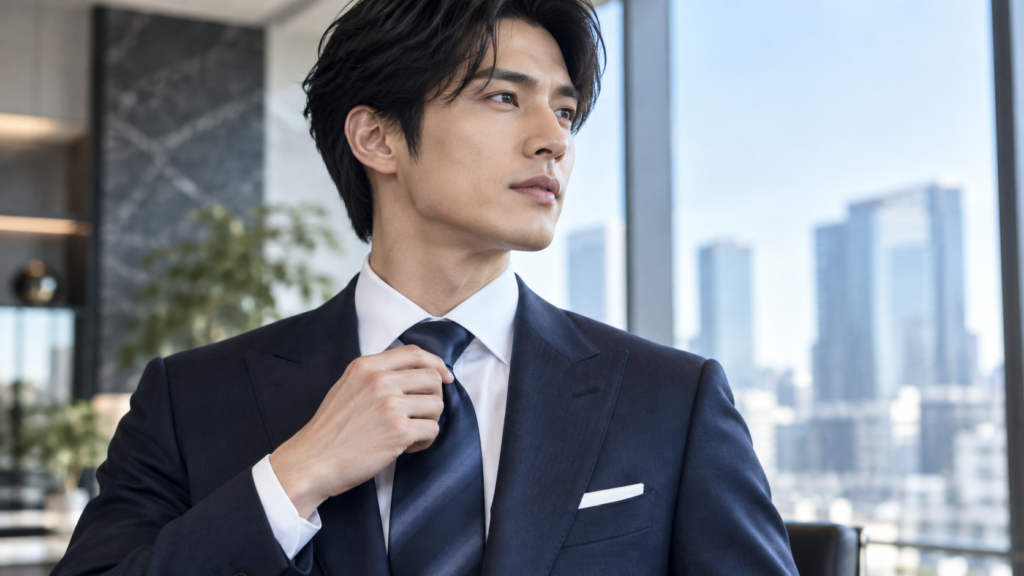 ネイビーのビジネススーツに光沢を抑えたシルクネクタイを合わせ、結び目を整える日本人男性