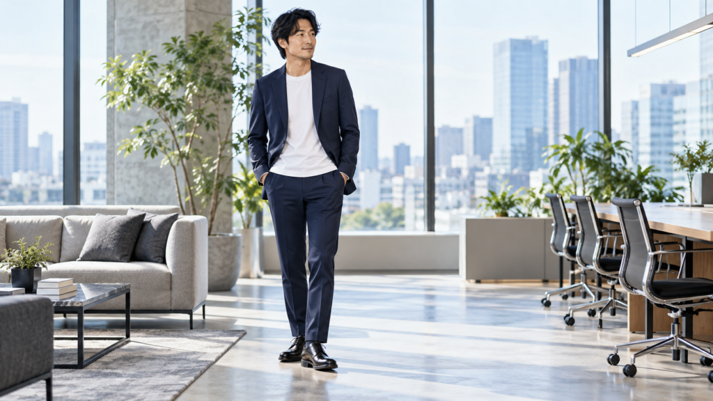 白Tシャツにネイビーのビジネススーツを合わせた仕事向けコーディネート