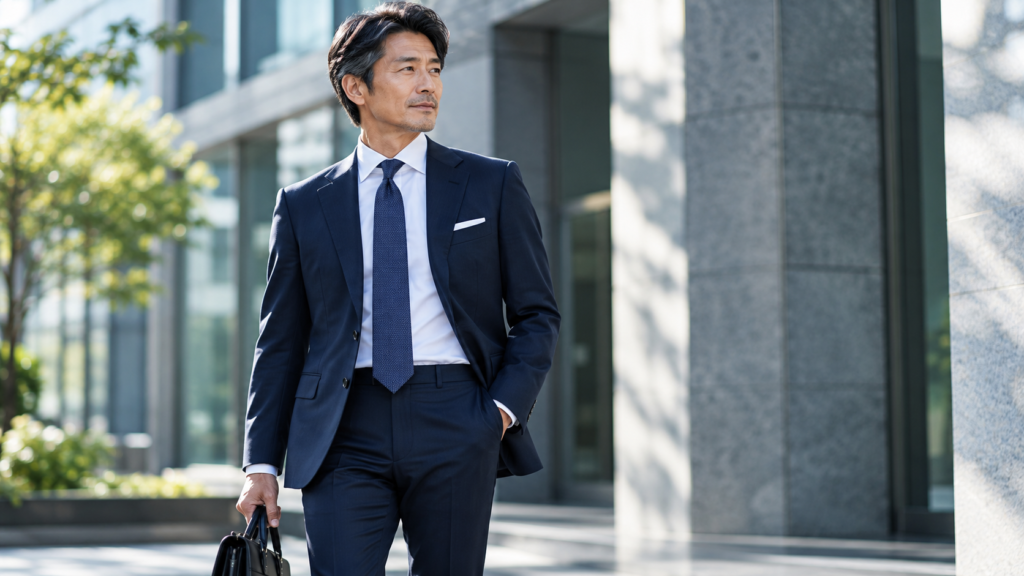 白シャツとネクタイを合わせたネイビースーツ姿の50代日本人男性