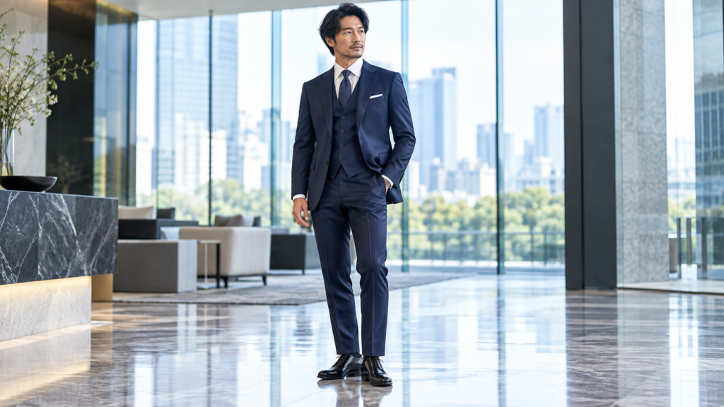 ネイビーのスリーピーススーツを着た男性の仕事向けビジネススタイル