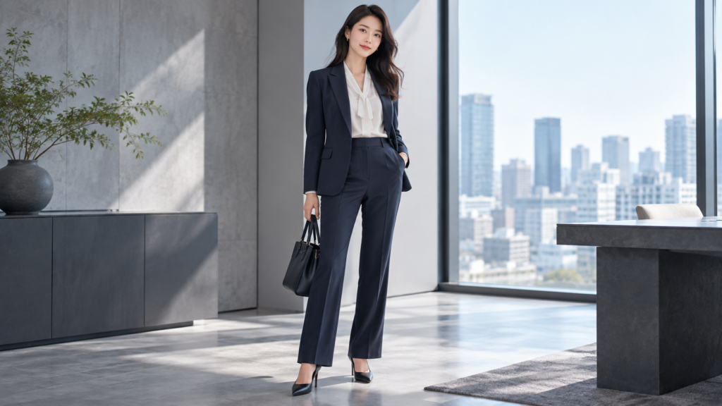 ネイビーのレディースビジネススーツのセットアップを着用した女性のオフィススタイル
