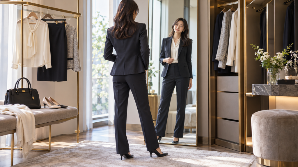 鏡の前でレディースビジネススーツのジャケットのサイズ感とパンツ丈を確認する女性