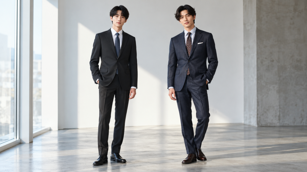 黒のリクルートスーツとネイビーのビジネススーツを着た男性の比較
