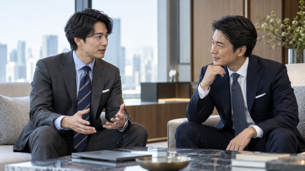 グレースーツにレジメンタルネクタイを合わせて商談する日本人ビジネスマン