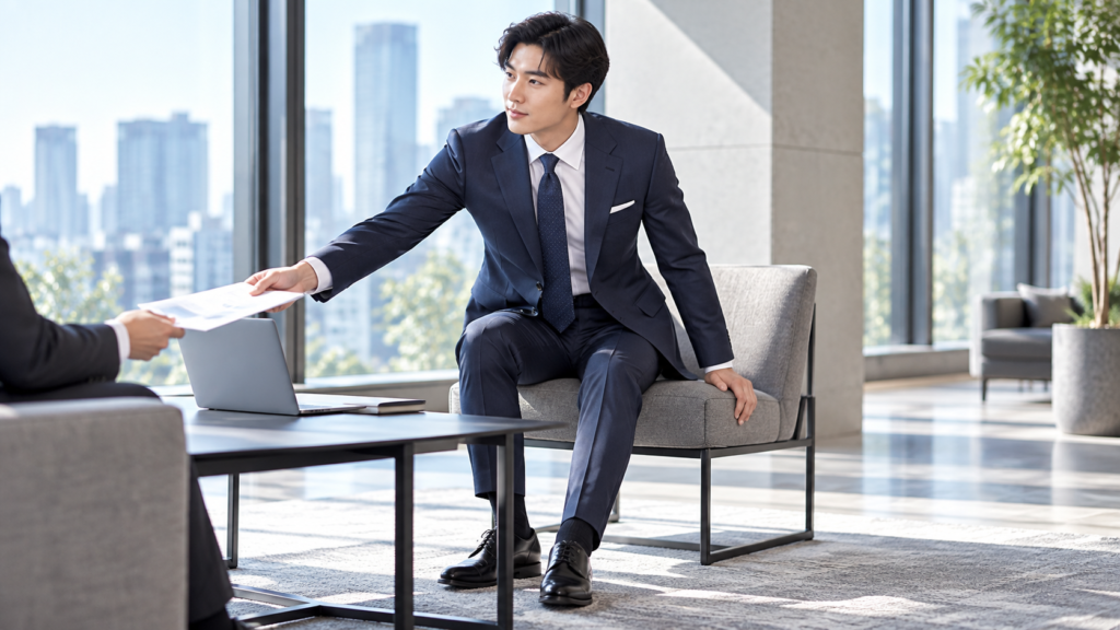 商談で資料を渡す営業職の男性と動きやすいネイビースーツ