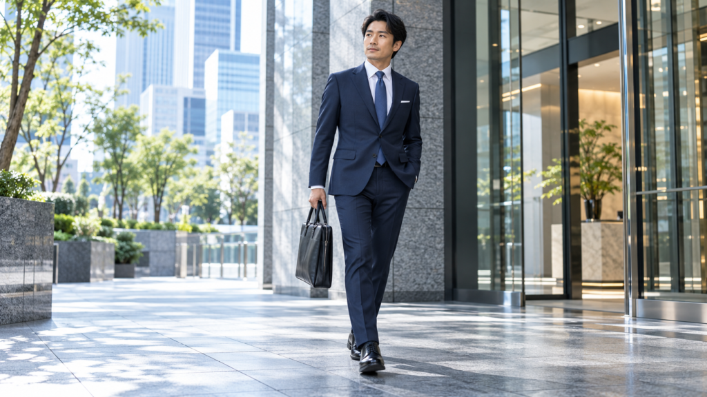 ネイビースーツとビジネスバッグで客先へ向かう営業職の男性