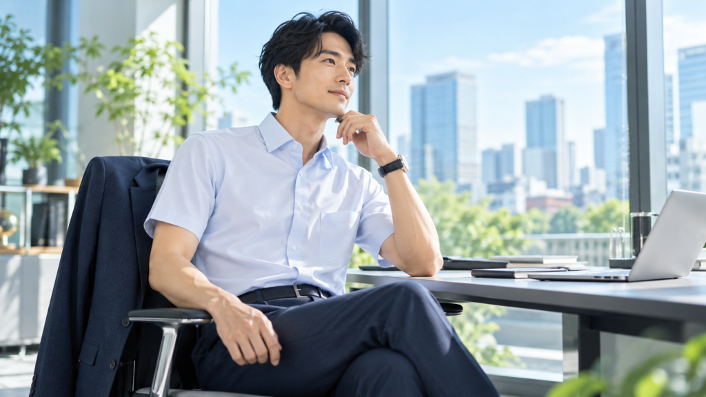 淡いブルーの半袖ビジネスシャツと紺色のスラックスを着用し、明るいオフィスで椅子に座る男性