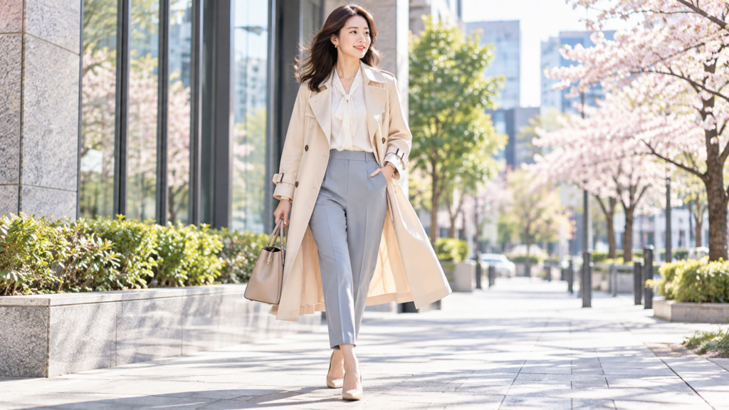 春の通勤でベージュの薄手トレンチコートを着る女性