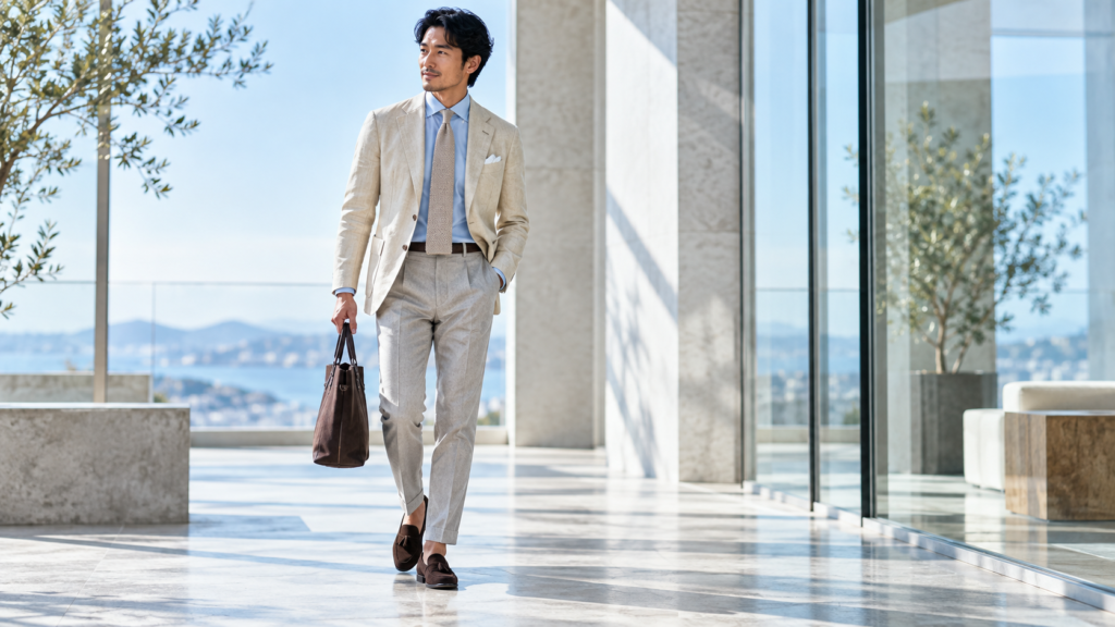 ベージュのジャケットと淡いブルーのシャツに、明るい色の織り目が目立つネクタイを合わせた日本人男性の春夏ビジネススタイル