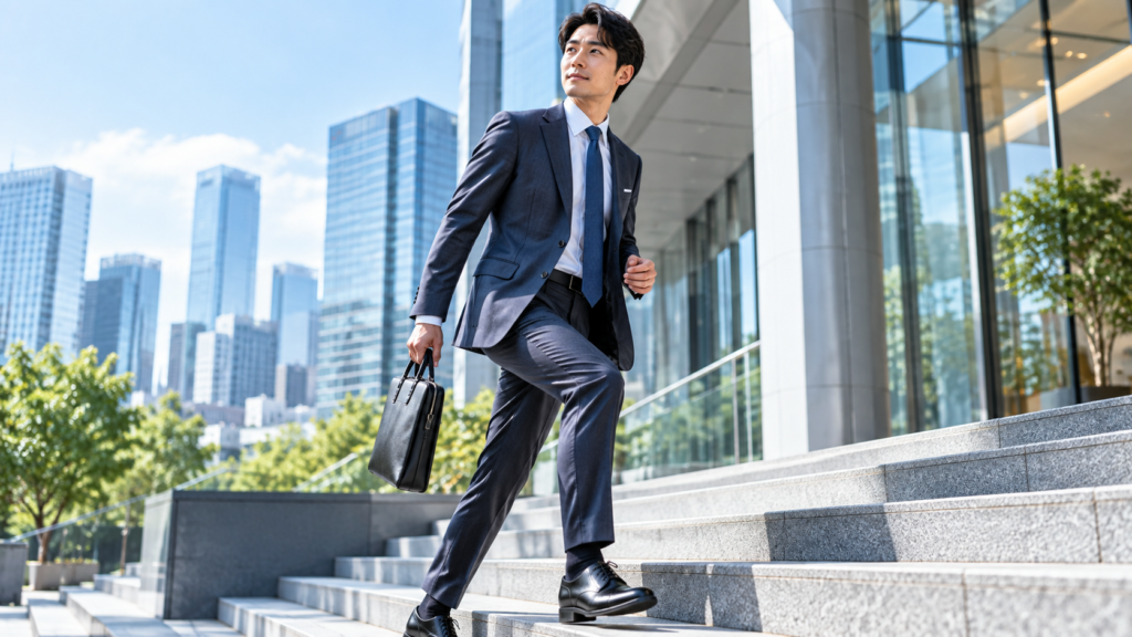 階段を上る営業職の男性と動きやすいストレッチビジネススーツ