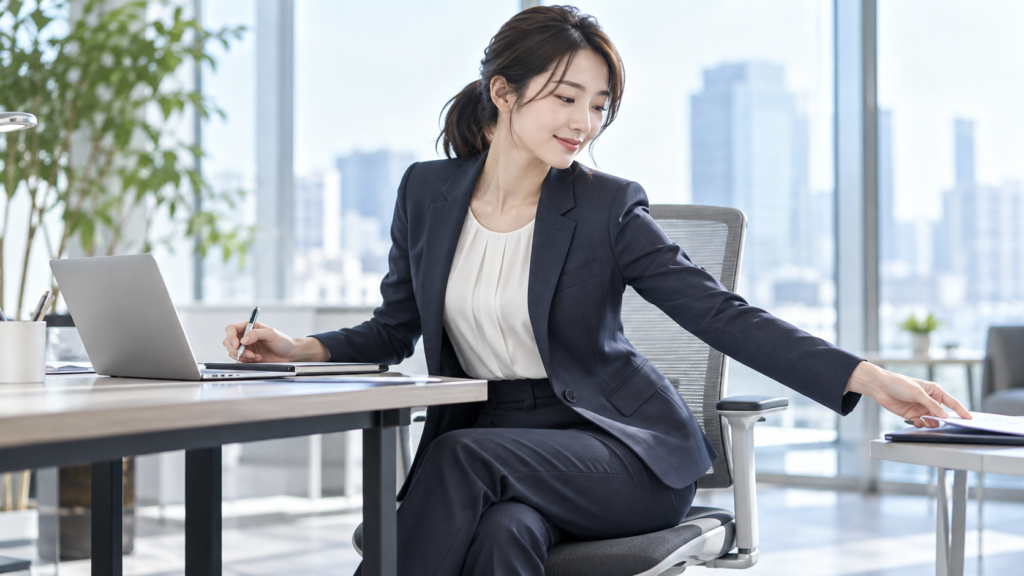 ストレッチ素材のレディースビジネススーツで座りながら腕を伸ばす女性