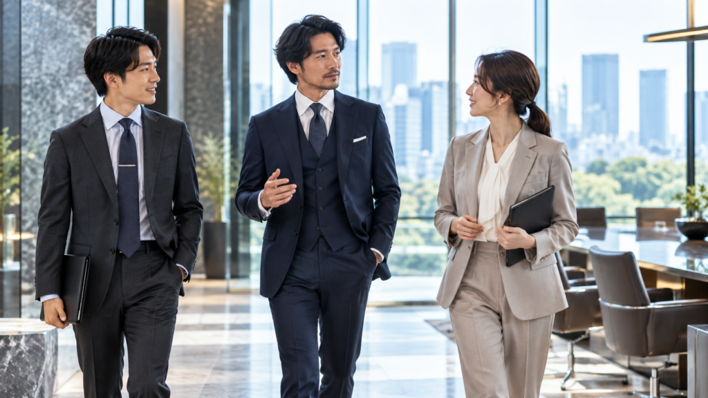 スリーピーススーツを着た男性が同僚と会話するビジネスオフィスの様子