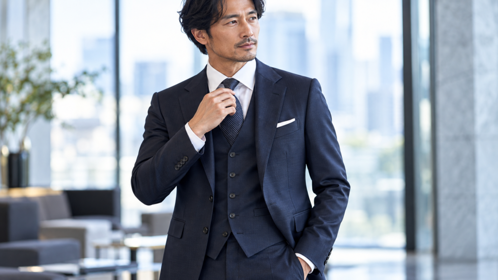 スリーピーススーツに白シャツと落ち着いたネクタイを合わせたVゾーン