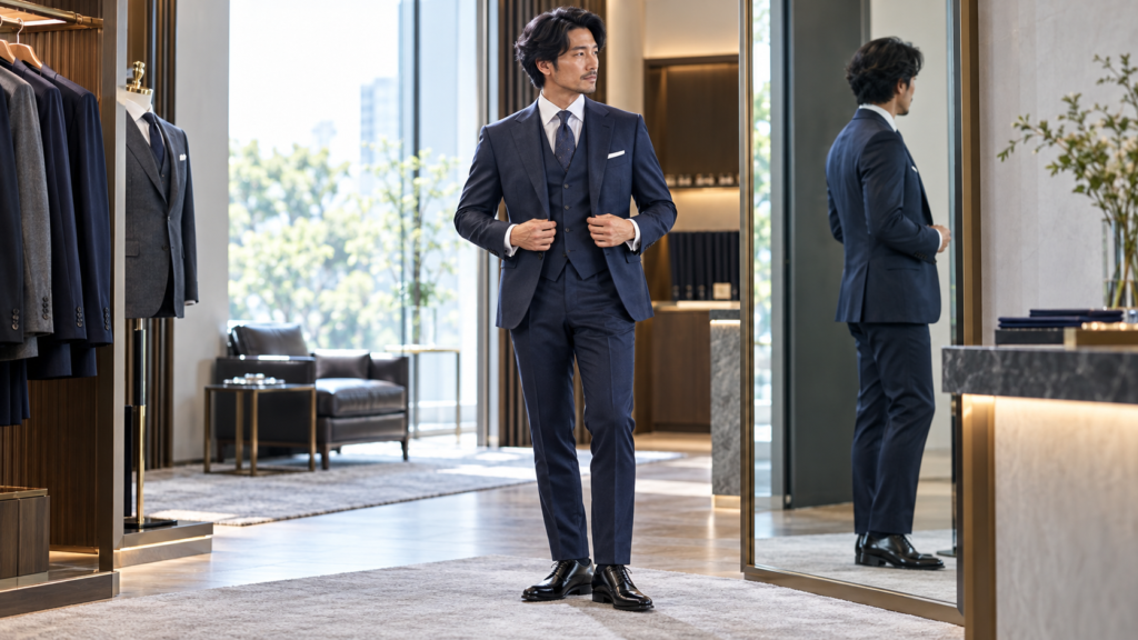 鏡の前でスリーピーススーツのベスト丈とサイズ感を確認する男性
