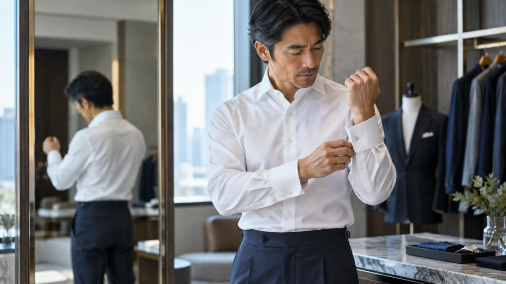 白いビジネスワイシャツの袖口を整えながらサイズとフィット感を確認する40代男性