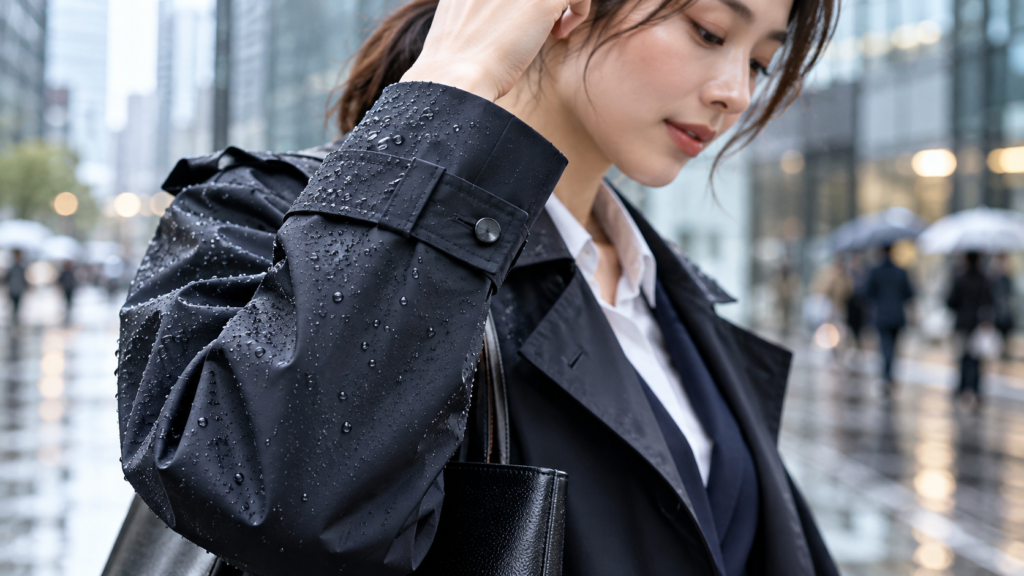 水滴をはじくネイビーのレインコートを着た女性の袖口