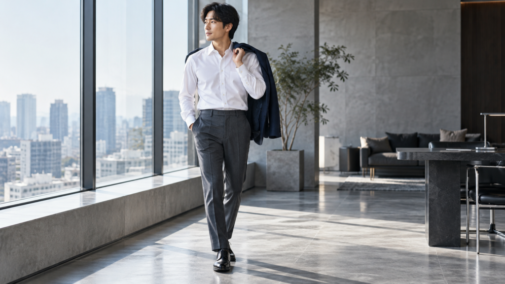 白いビジネスワイシャツとグレーのスラックスを着用し、ネイビージャケットを肩に掛けた男性